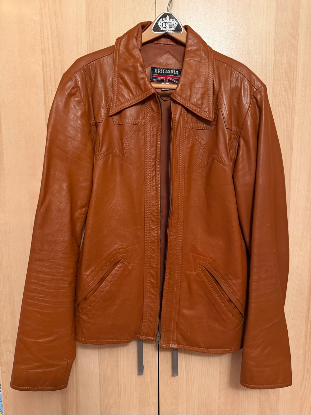 Britannia Brown Leather Zip Jacket EU 38 Lined Mid-Length Star Buckle